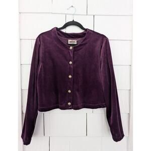 Vintage CW Rose Women's Long Sleeve Button Front Velvet Cropped Jacket Plum